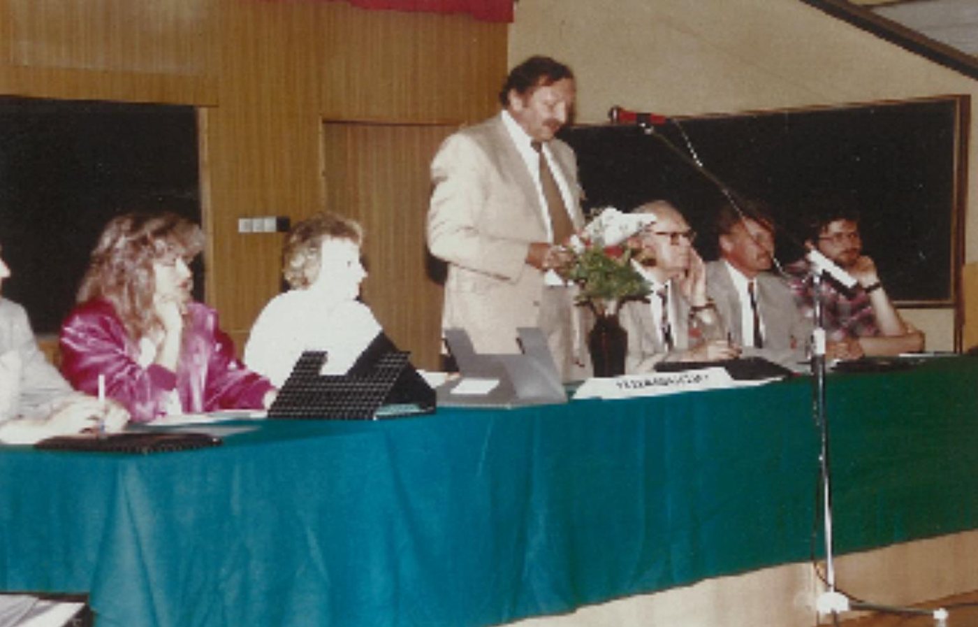 Prezydium I Zjazdu: Stefan Przybyłek, Wiesława Sławińska, Barbara Boczkowska, prof. Andrzej Hopfer, Wacław Kłopociński, Bolesław Rusak, Tomasz Bajerowski